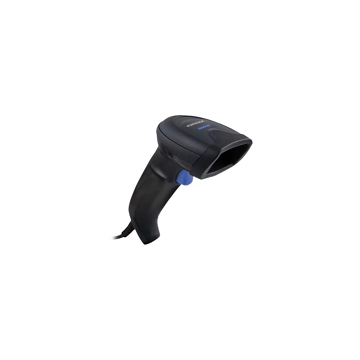 Schwarzer Barcode-Scanner mit blauem Knopf und Kabel, vor weißem Hintergrund. Aufschrift: Datalogic Quickscan.