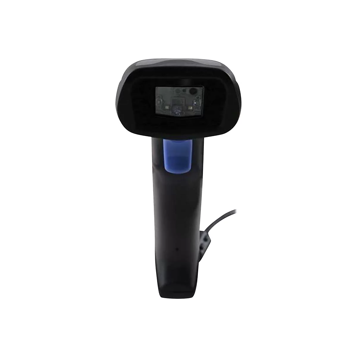 Schwarzer Barcode-Scanner, blaue Taste, Kabel, weißer Hintergrund.