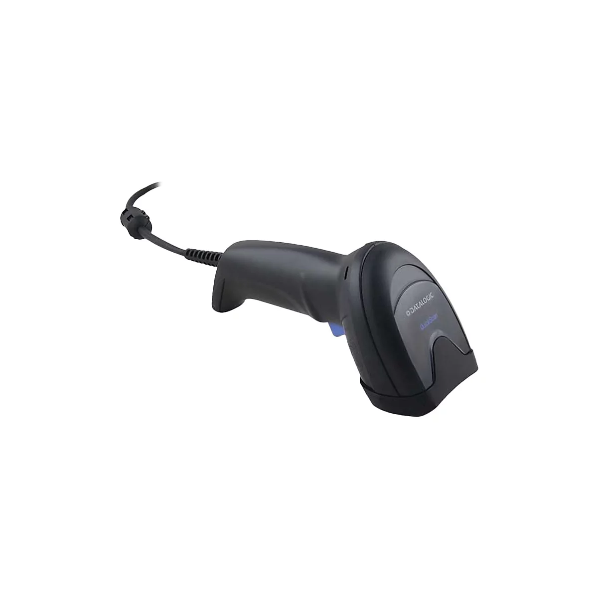 Schwarzer Datalogic Barcodescanner mit Kabel vor weißem Hintergrund.