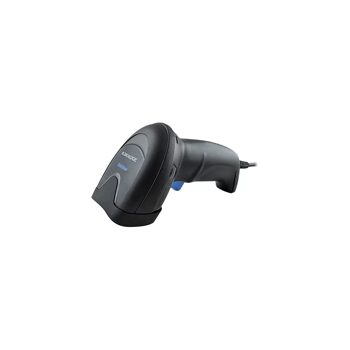 Schwarzer Barcode-Scanner mit "DATALOGIC QuickScan" Aufdruck. Ein blaues Element und ein Kabel sind zu sehen.