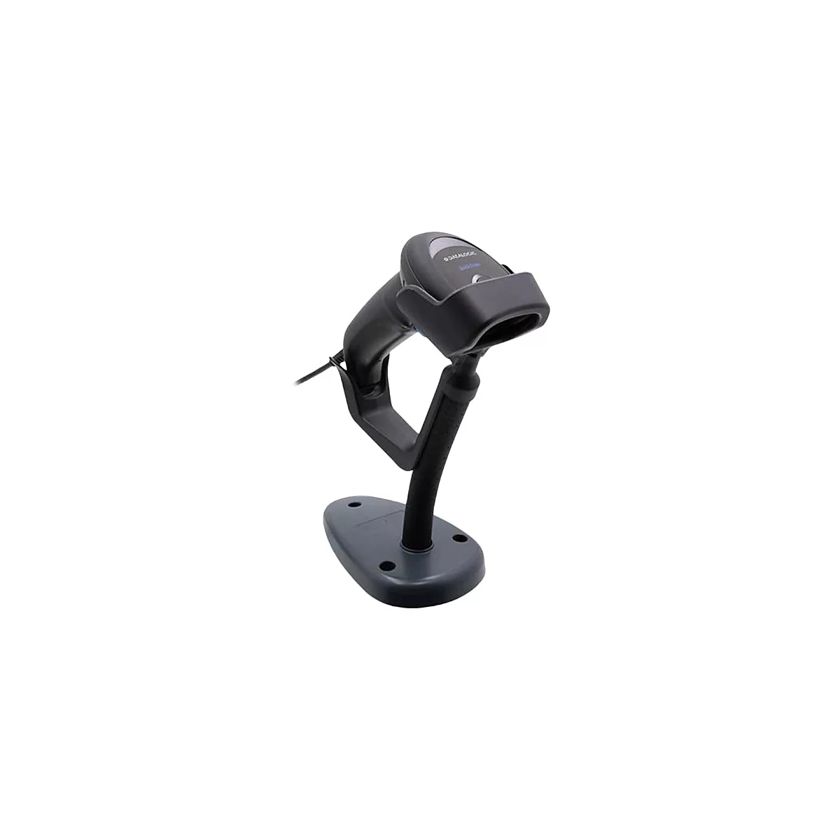 Schwarzer Datalogic Barcodescanner in einer Halterung auf einem weißen Hintergrund.