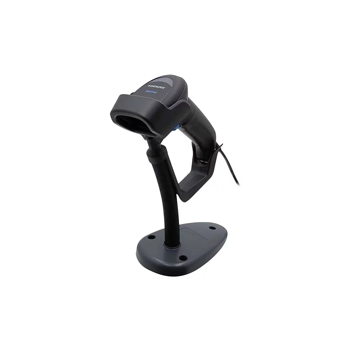 Schwarzer Barcode-Scanner auf einem Ständer vor weißem Hintergrund. Der Scanner hat ein blaues Detail und ein Kabel.