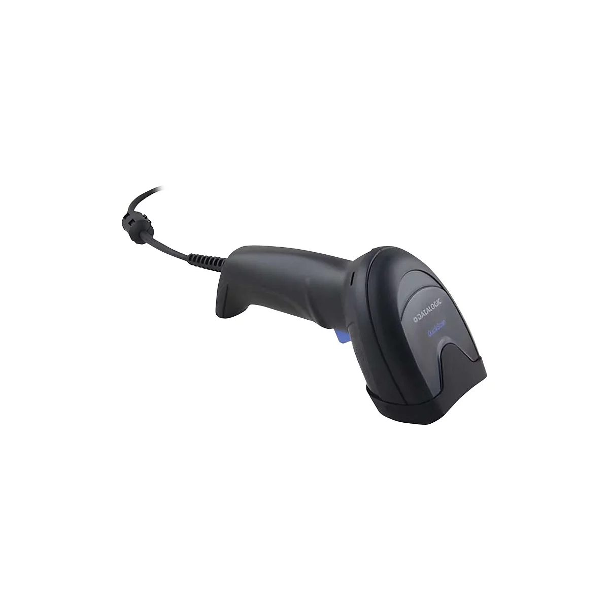 Schwarzer Datalogic QuickScan Handscanner mit Kabel vor weißem Hintergrund.