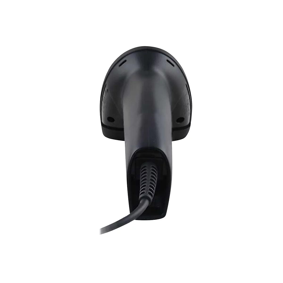 Schwarzer Barcode-Scanner von oben. Der Griff hat eine Rille. Ein Kabel führt zum Scanner.