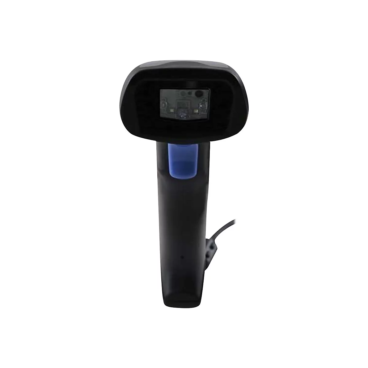 Schwarzer Barcodescanner mit blauem Knopf. Auf weißem Hintergrund. Oberteil kantig, Unterteil länglich.