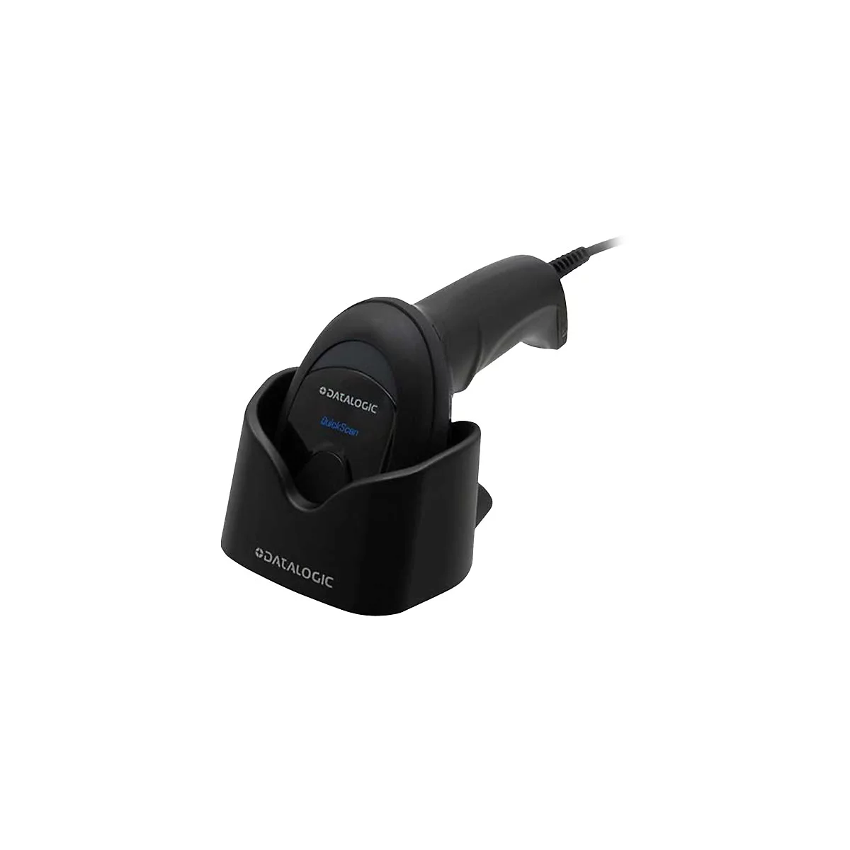 Schwarzer Datalogic QuickScan Handscanner in einer Ladestation vor weißem Hintergrund.