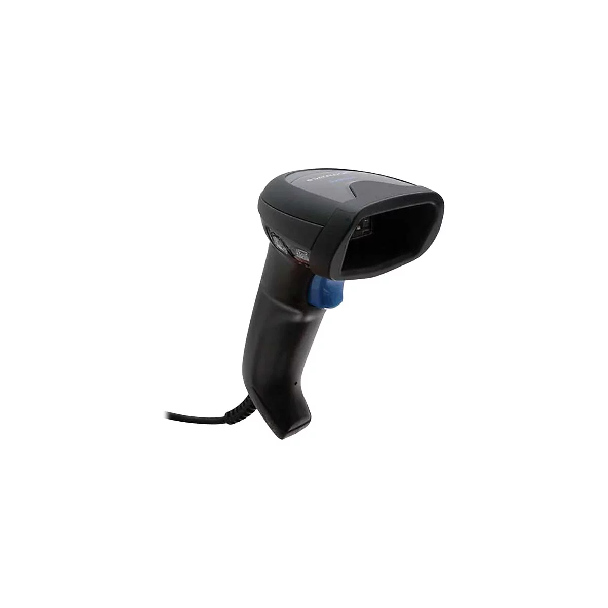 Schwarzer Handscanner mit blauem Auslöser vor weißem Hintergrund.