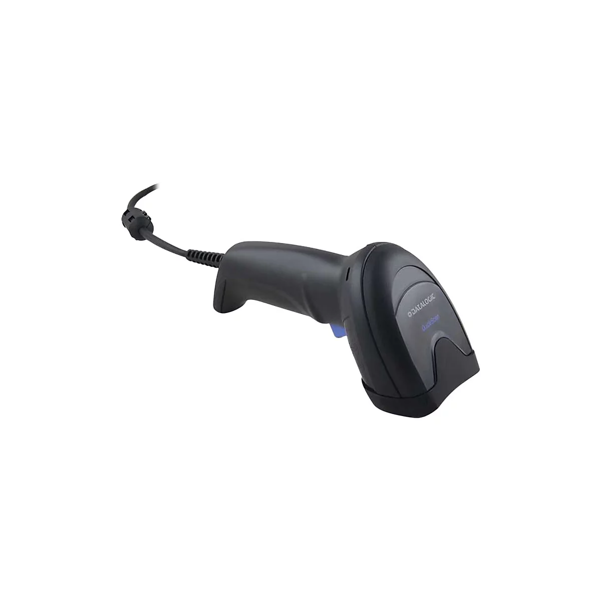 Schwarzer Barcode-Scanner mit Kabel und blauem Knopf. Aufschrift: Datalogic, QuickScan.