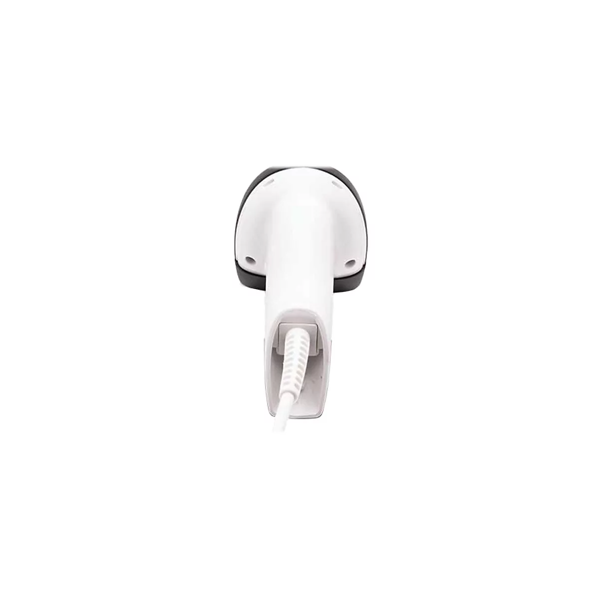 Nahaufnahme eines weißen Barcodescanners mit schwarzem Griff, der an einem weißen Kabel befestigt ist.