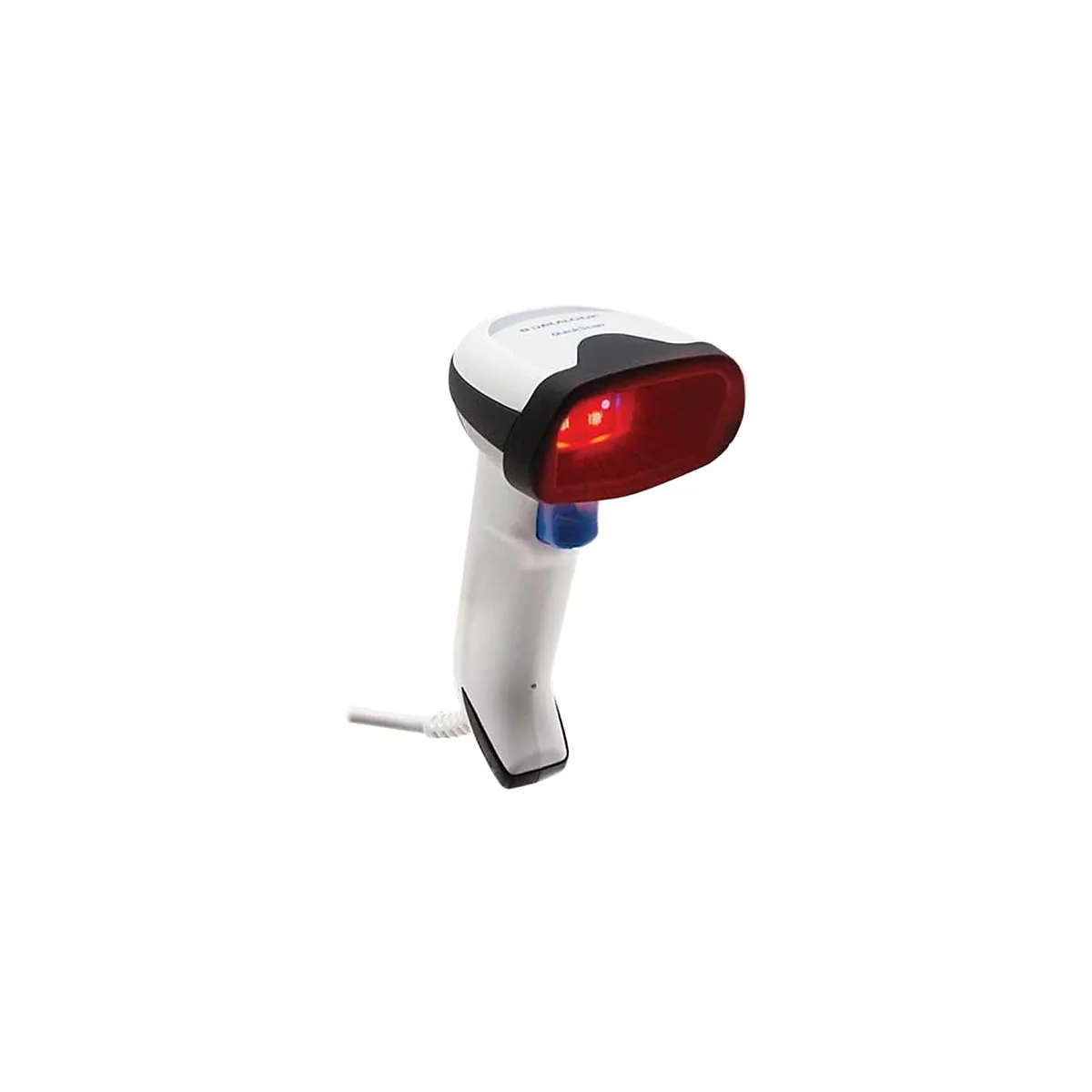 Weiß-schwarzer Barcode-Scanner mit rotem Licht. Am Griff ist eine blaue Taste.