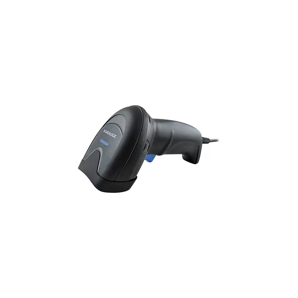Ein schwarzer Barcode-Scanner von Datalogic Quickscan mit Kabel. Detailansicht.