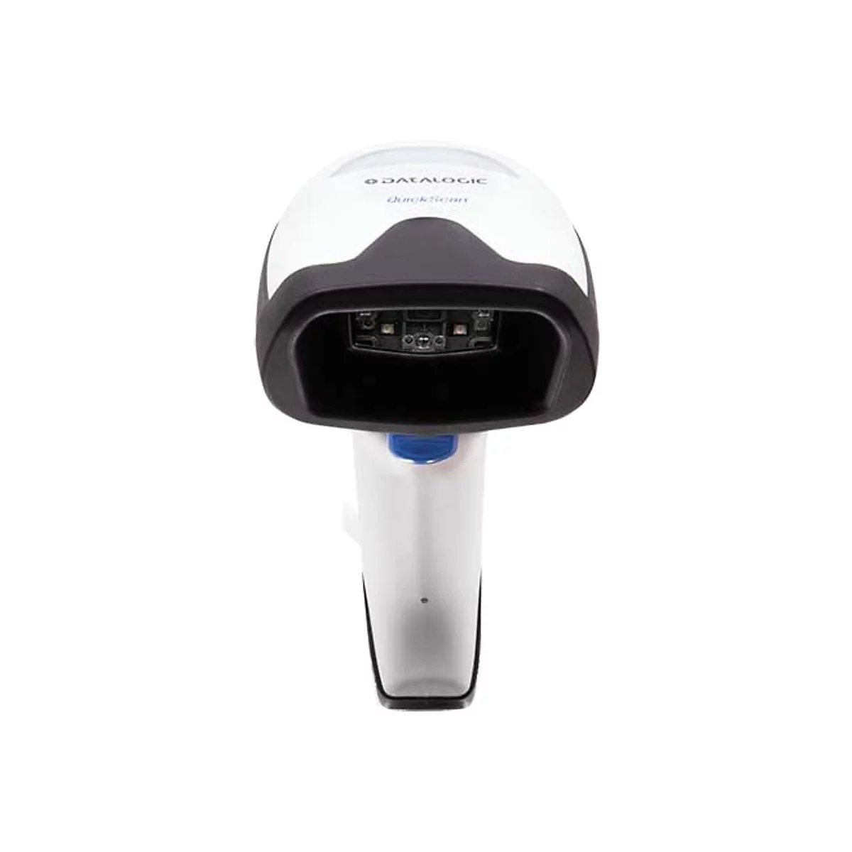 Handscanner QuickScan, weiß-schwarz mit blauer Taste, auf weißem Hintergrund.