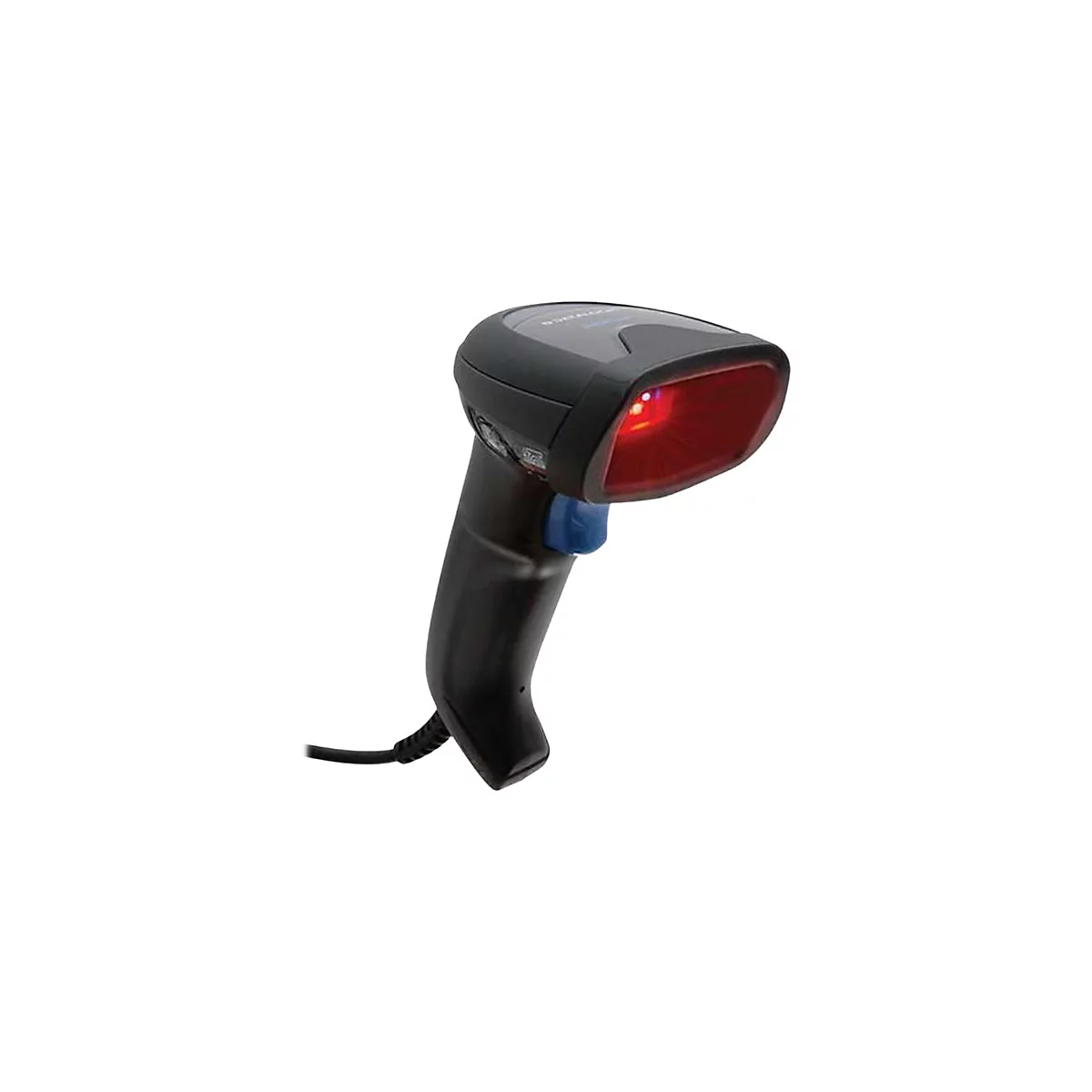 Schwarzer Handscanner mit rotem Lichtstrahl vor weißem Hintergrund.