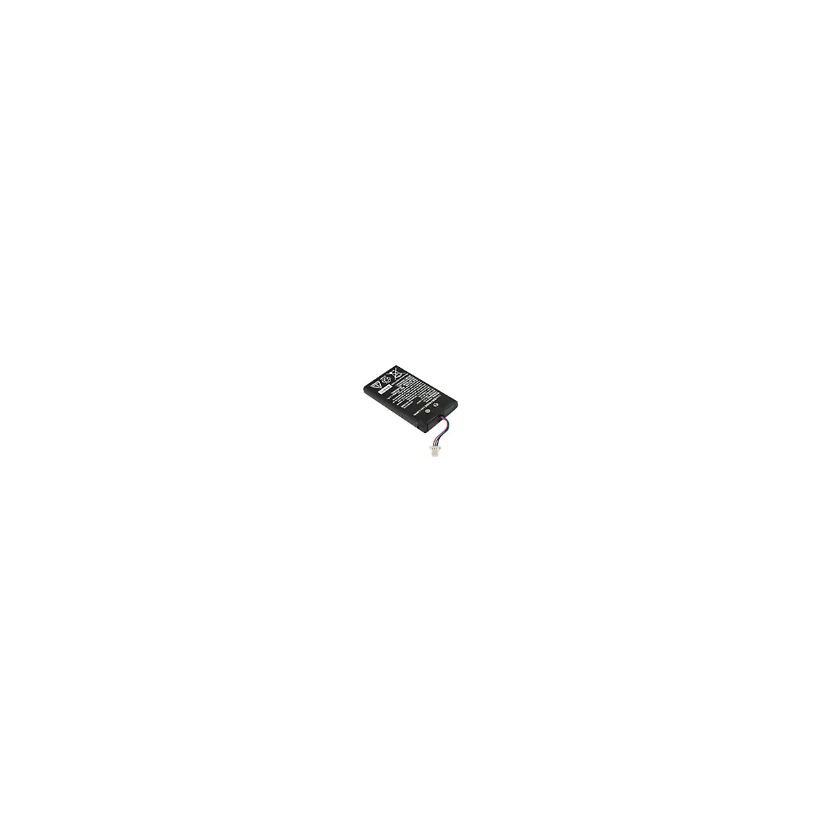 Eine rechteckige, schwarze Batterie mit Kabelanschluss. Auf der Batterie sind Symbole und Text abgebildet.
