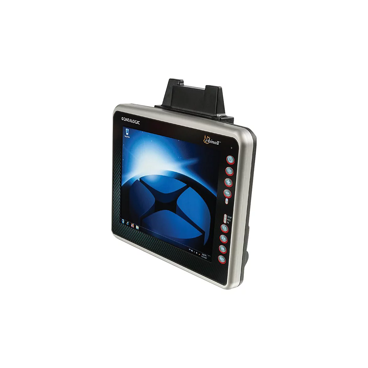 Tablet-PC mit Touchscreen. Silberfarbener Rahmen, schwarze Blende, schwarzer Aufsatz. Bildschirm mit blauem Hintergrund, seitliche KnÃ¶pfe.