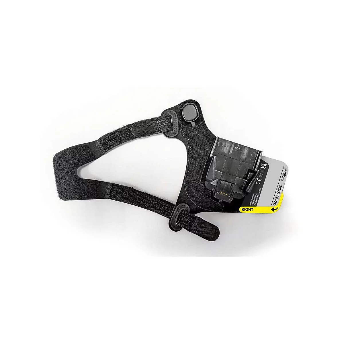 Un lecteur de poignet noir avec des sangles velcro et une étiquette jaune indiquant "RIGHT".