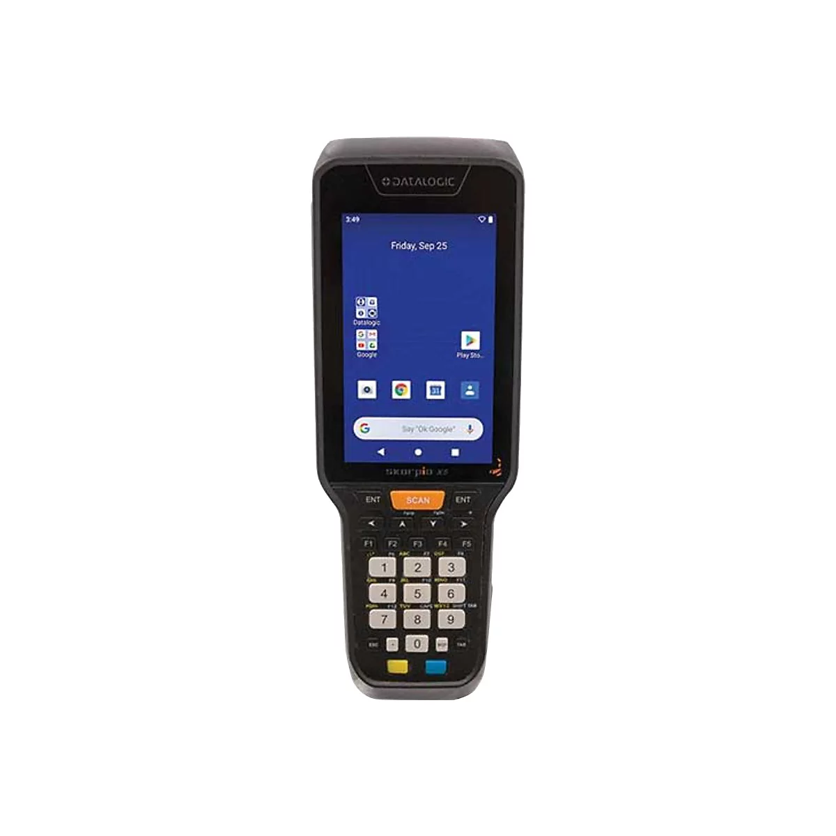 Ein schwarzes Handheld-Gerät mit Bildschirm und Tastatur, auf dem das Datum und Apps angezeigt werden. Das Gerät hat die Aufschrift "DATALOGIC".