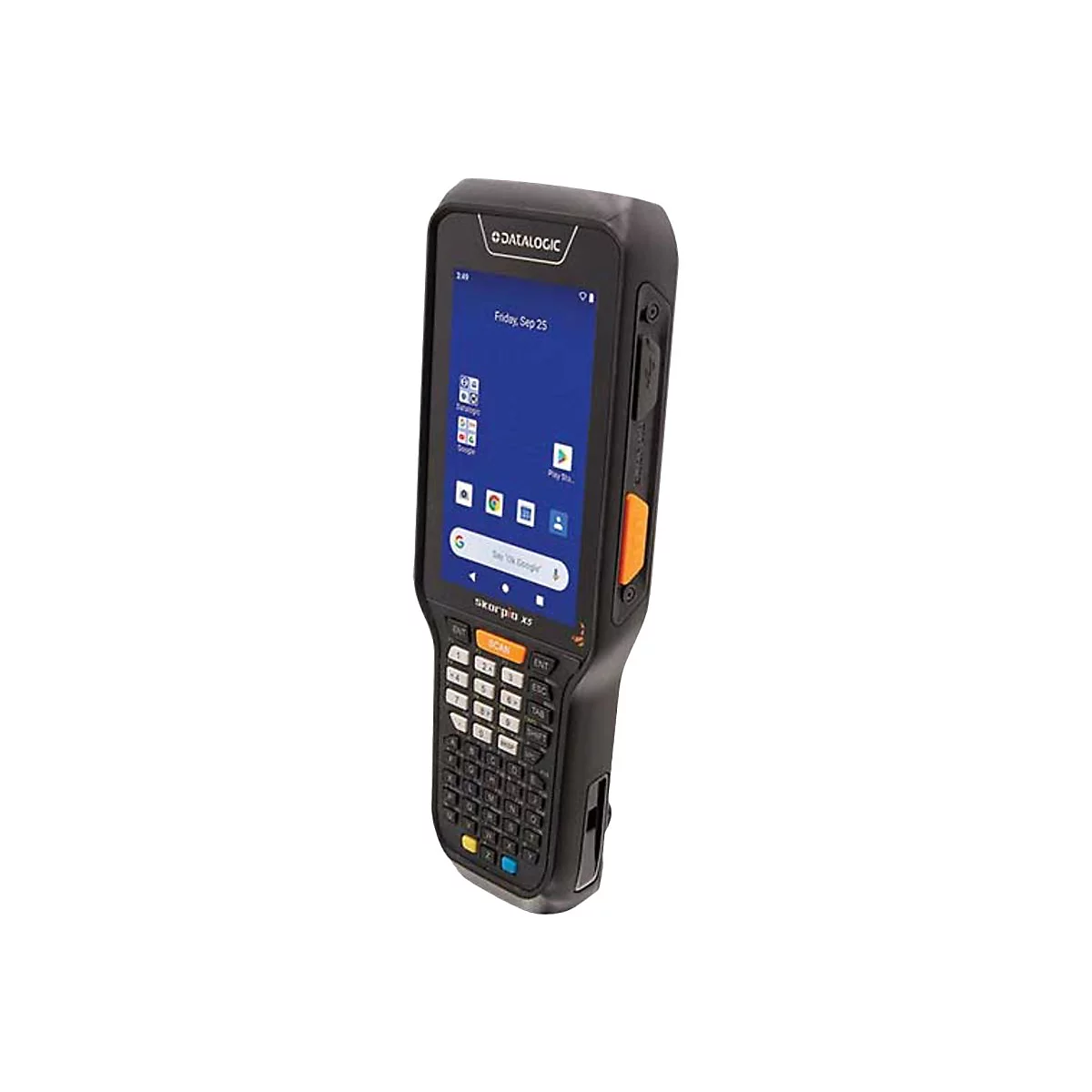 Ein schwarzes Handheld-Gerät mit Tastatur und Touchscreen. Der Bildschirm zeigt Apps. Aufgedruckt sind "DATALOGIC" und "Skorpio X5".