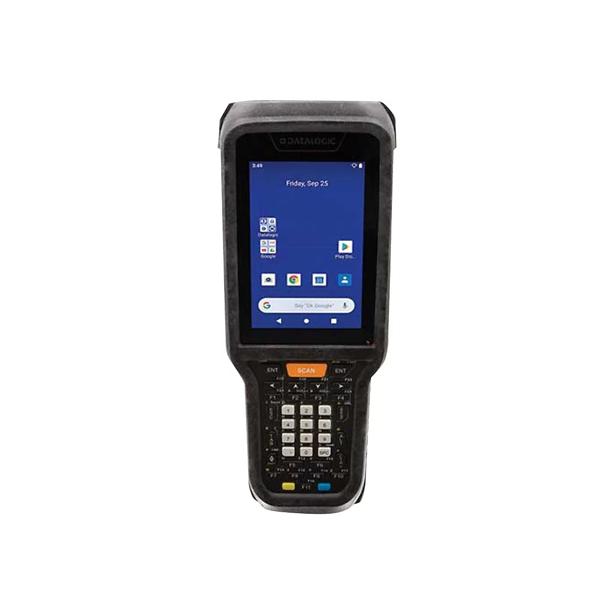 Ein schwarzes DatenerfassungsgerÃ¤t, Bildschirm mit Apps. Oben links steht Datalogic. Unter dem Display sind Tasten und ein Scan-Knopf.