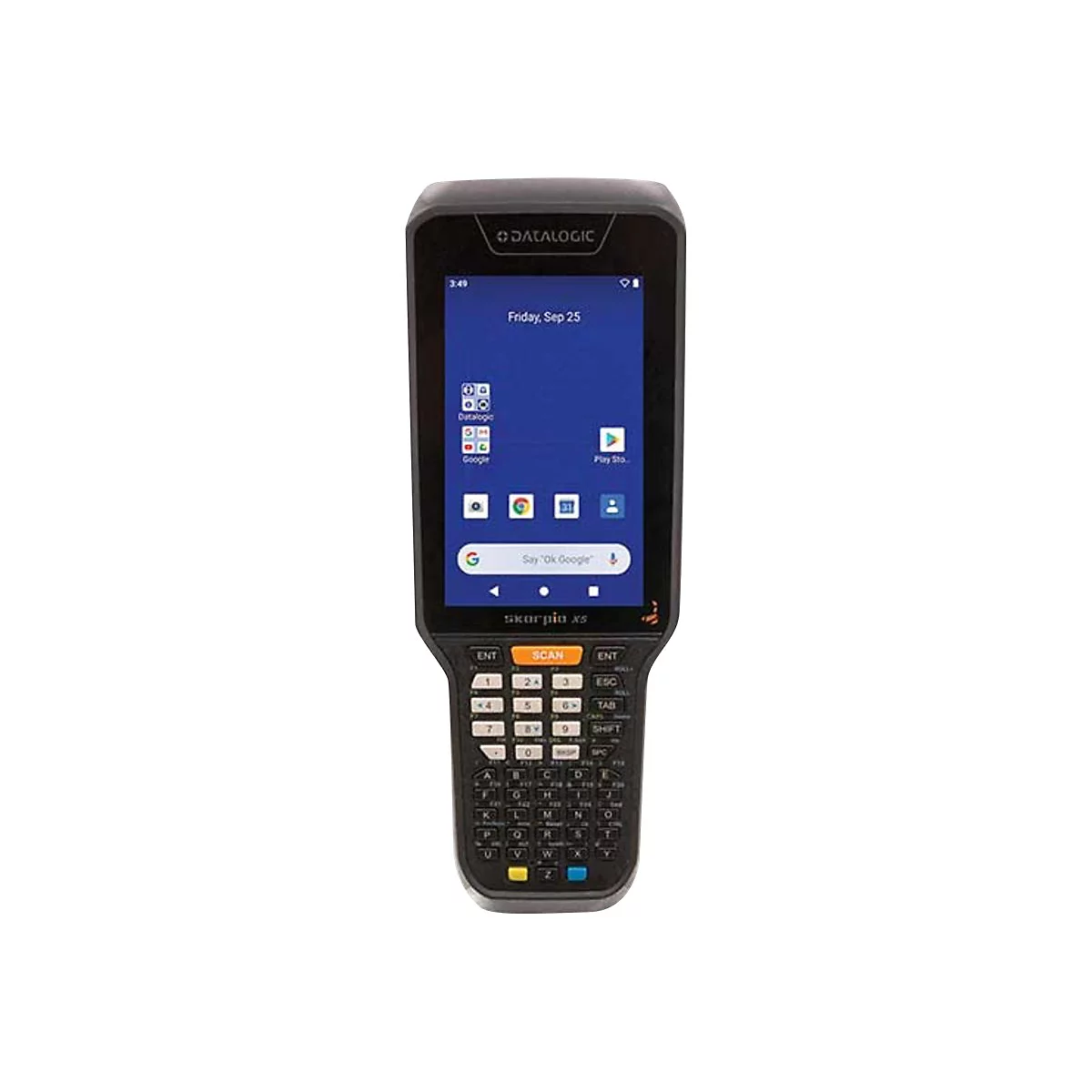 Ein schwarzes Handheld-Gerät mit Touchscreen und Tastatur, auf dem das Datum und Apps angezeigt werden.