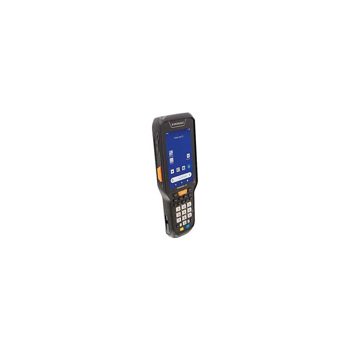 Schwarzes Datalogic-Handheld-Gerät mit Touchscreen und numerischer Tastatur. Auf dem Display Apps und Datum.
