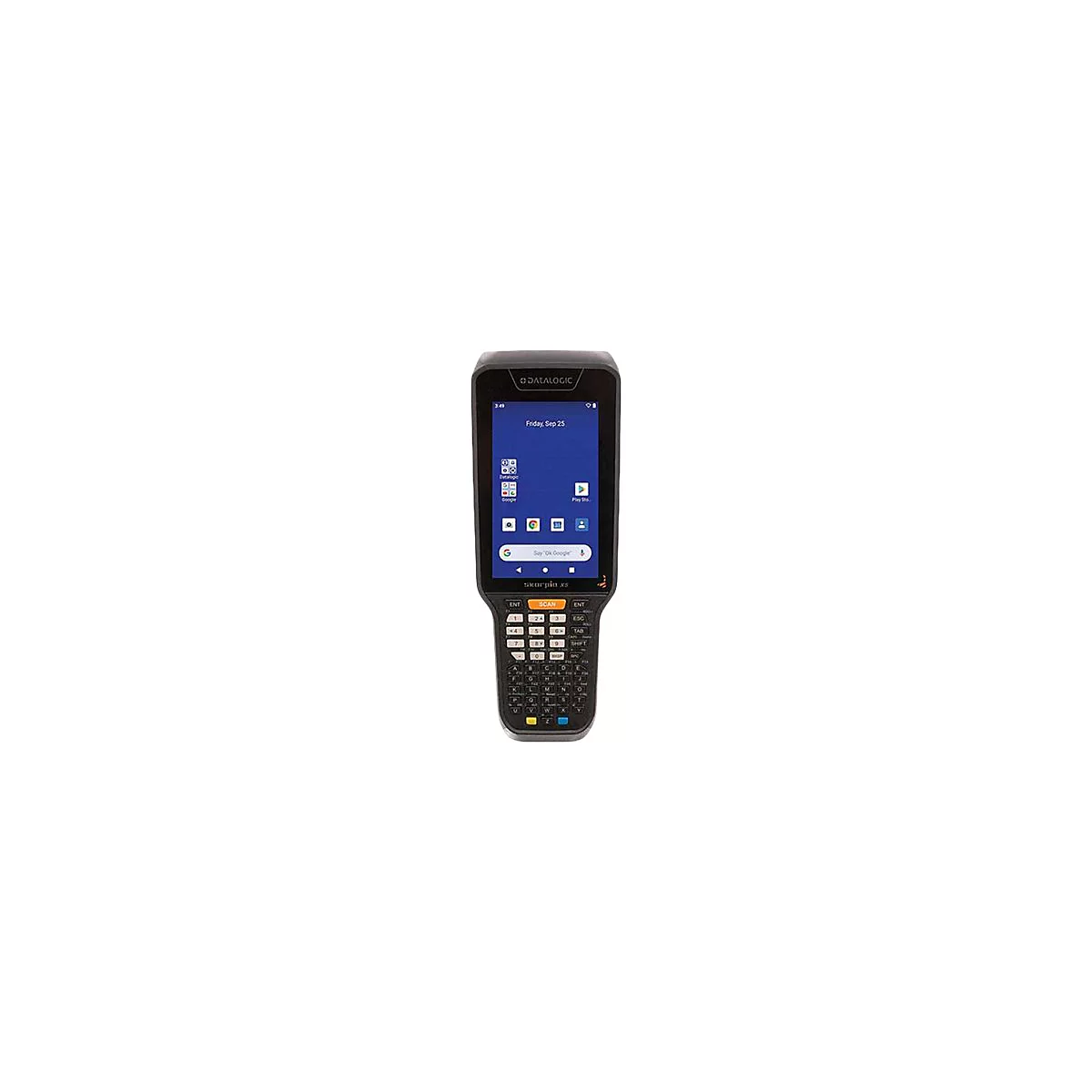 Ein schwarzes Handheld-Gerät mit Tastatur und Touchscreen, auf dem ein Android-Betriebssystem läuft. Auf dem Bildschirm ist der Name „Datalogic“ zu sehen.