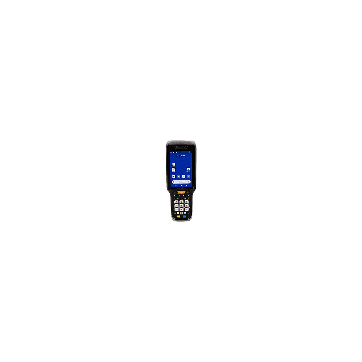 Ein schwarzes Handheld-Gerät mit Bildschirm und Tastatur, auf dem ein Startbildschirm angezeigt wird. Auf dem Bildschirm sind Apps und Suchleisten zu sehen.