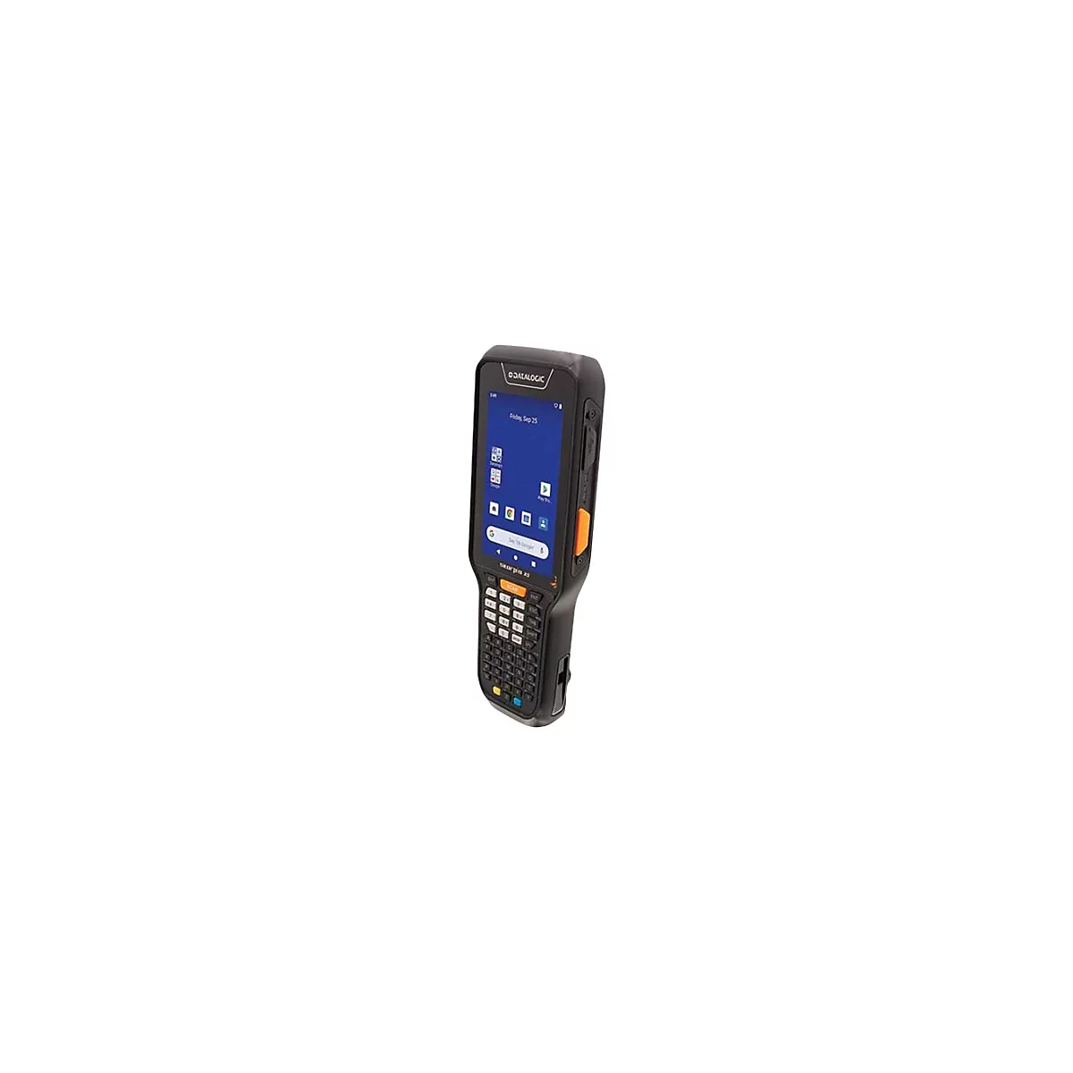 Ein schwarz-orangener Handheld-Computer mit Display und Tastatur, auf dem Datum angezeigt wird.