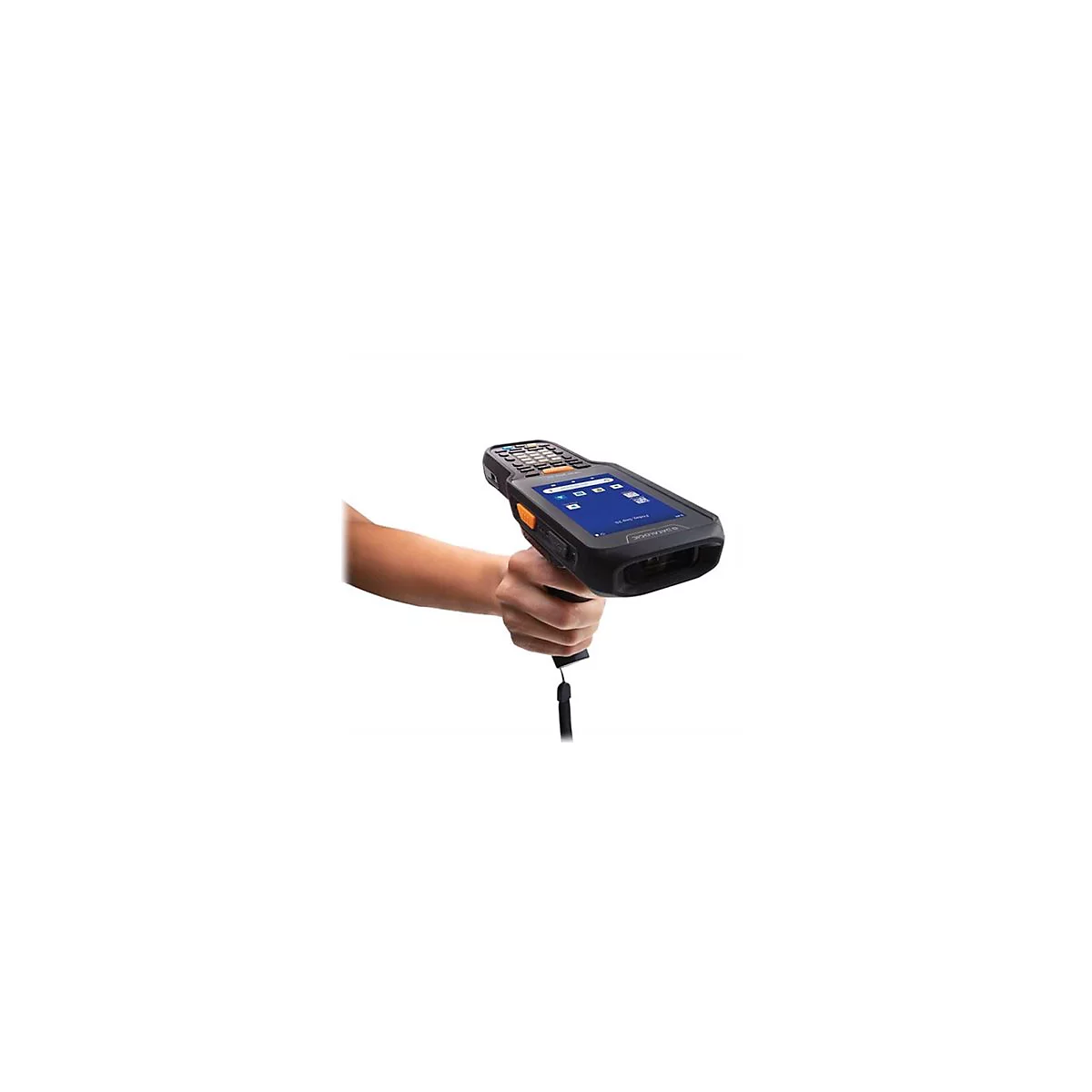 Ein Scanner, in einer Hand gehalten, mit Tastatur und Bildschirm.