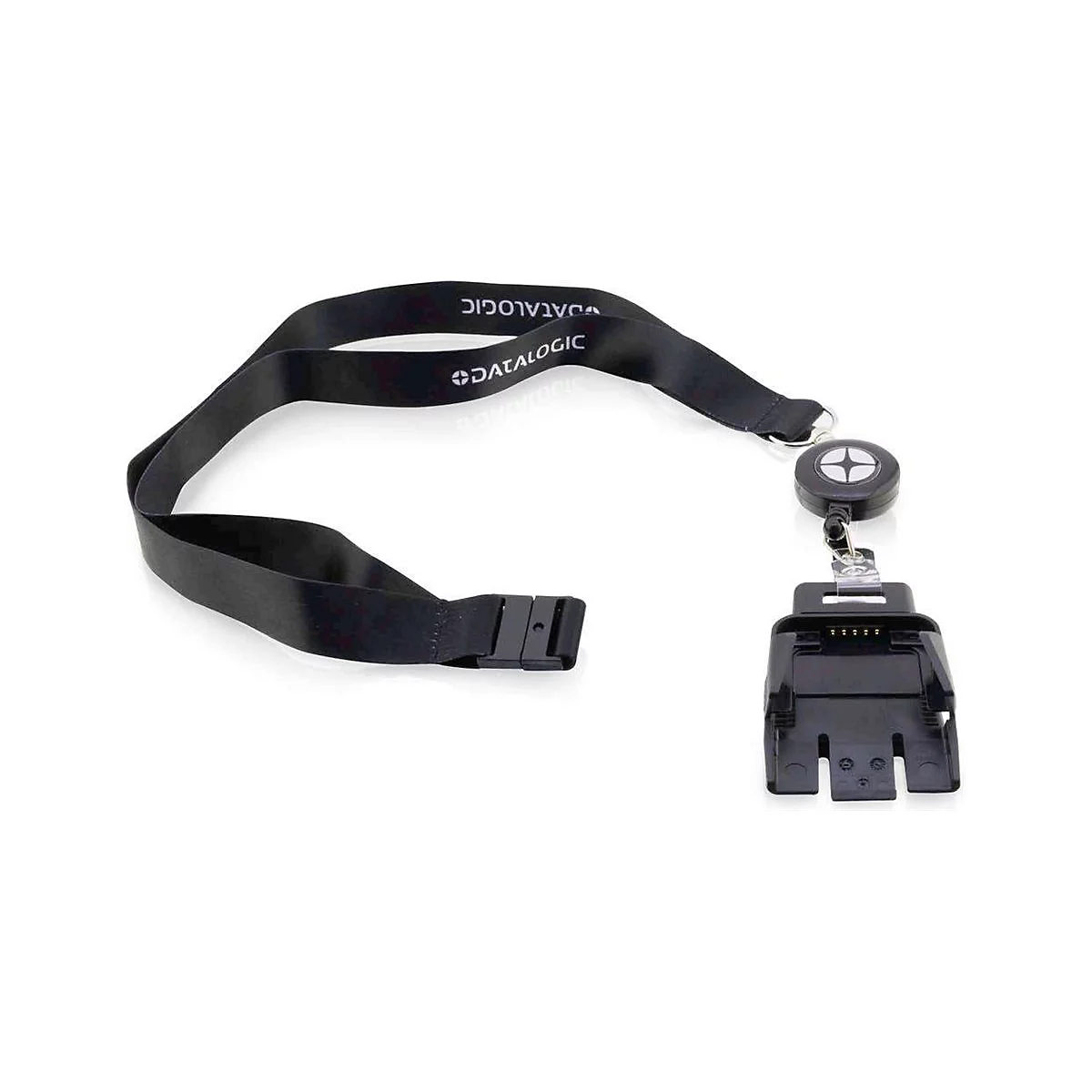 Schwarzes Lanyard mit "DATALOGIC"-Logo. Daran befestigt: Kartenlesegerät-Halterung, mit Aufrollmechanismus.
