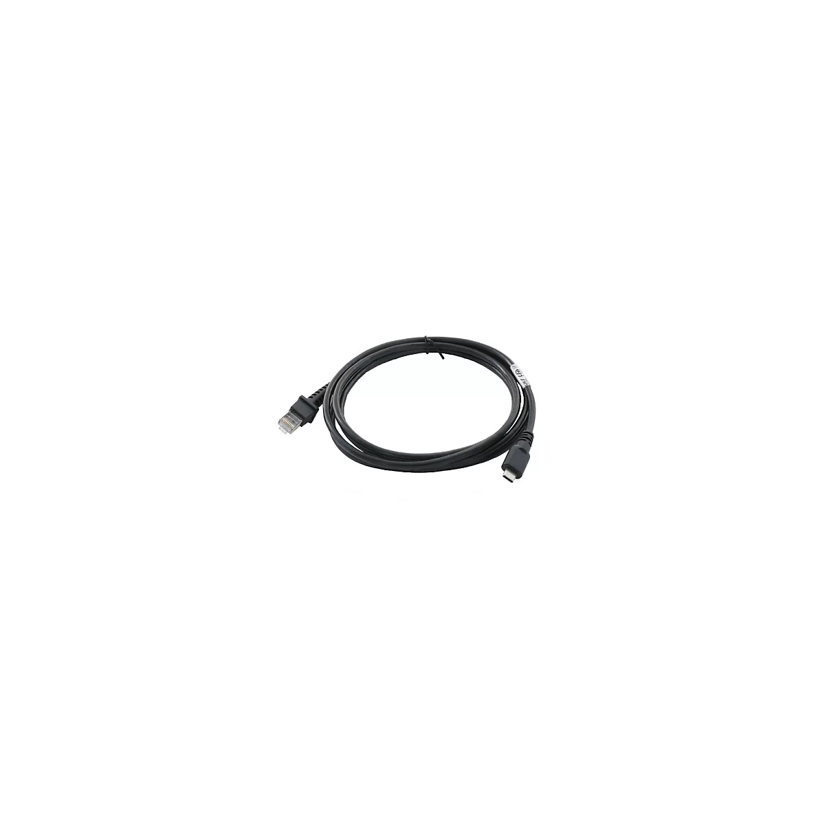 Ein schwarzes Kabel mit RJ45-Stecker an einem Ende und USB-C-Stecker am anderen Ende, auf weißem Hintergrund.