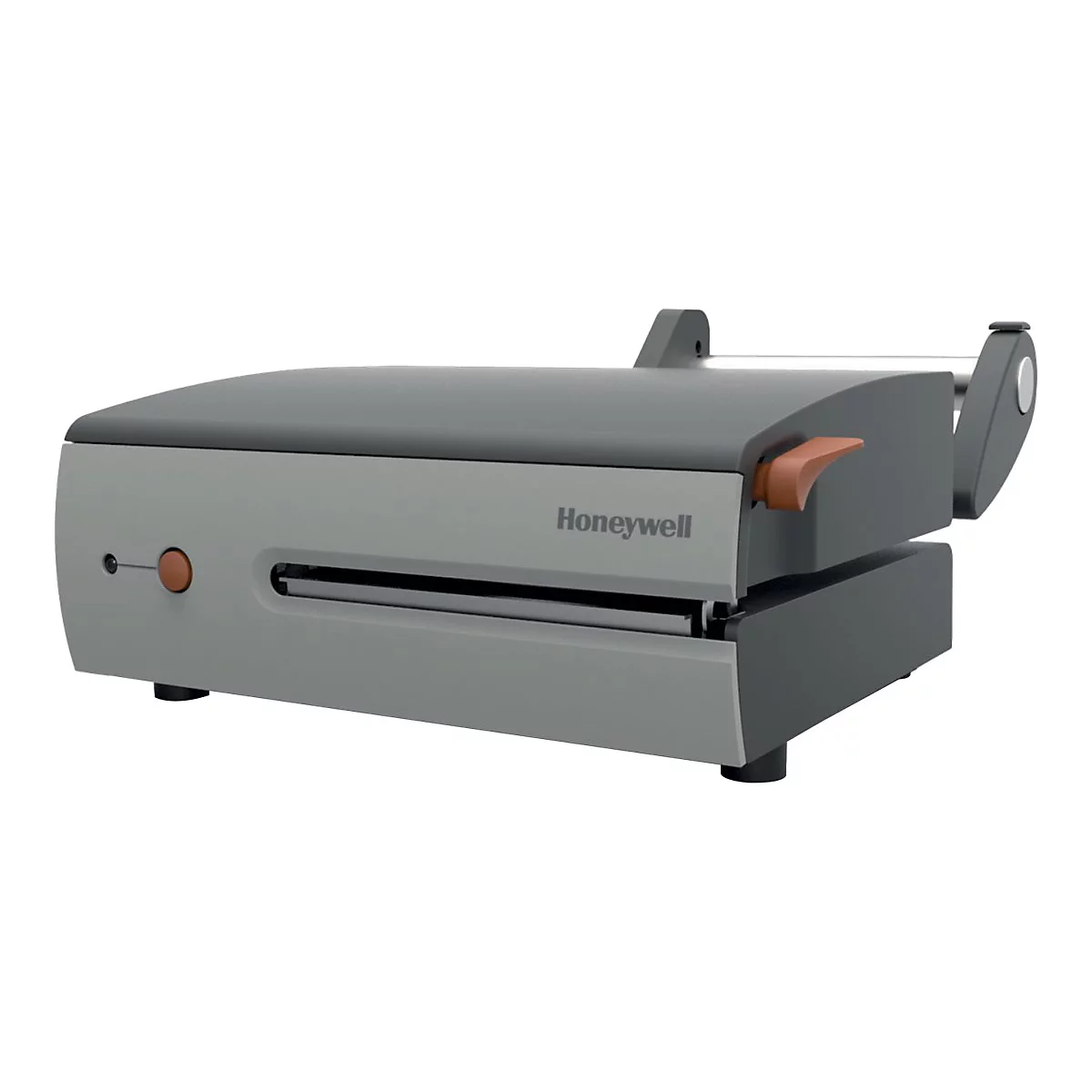 Drucker von Honeywell in Grau und Schwarz. Auf der Seite befindet sich der Markenname und ein roter Knopf.