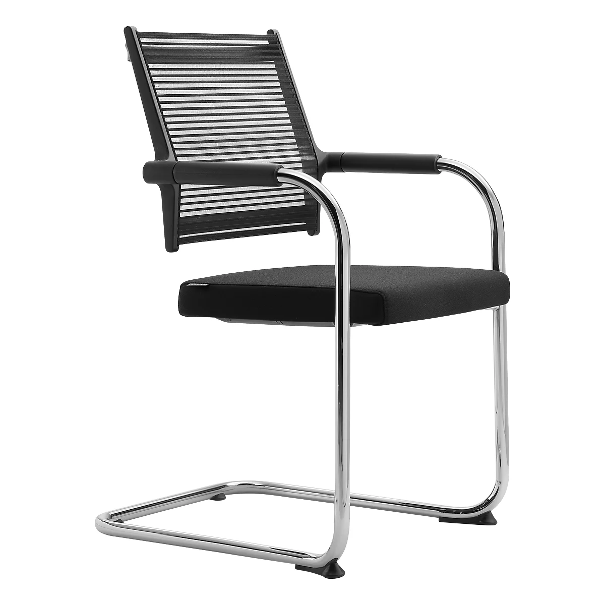 Black cantilever chair. Seat and back black, frame made of chrome-plated metal.