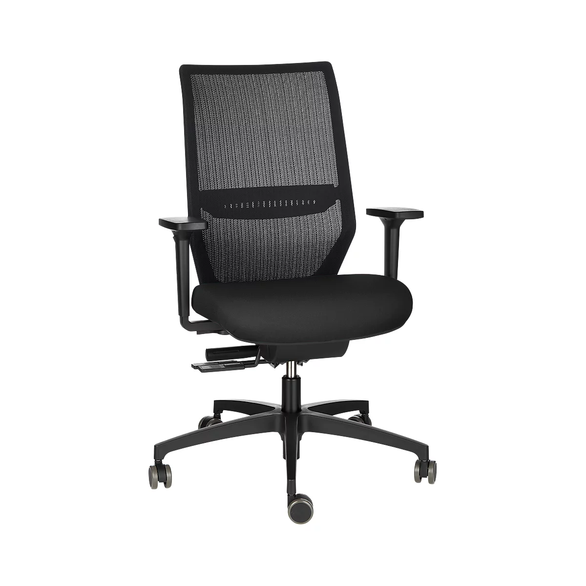 Black office chair, mesh back, armrests, wheels.