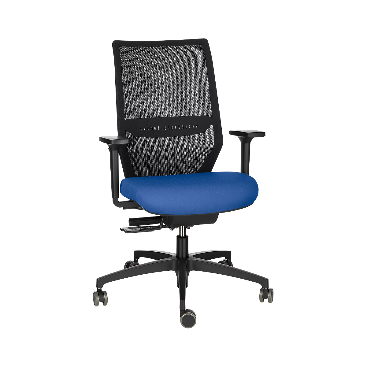 Office chair with blue seat and black mesh back. Armrests and base are also black. Wheels.