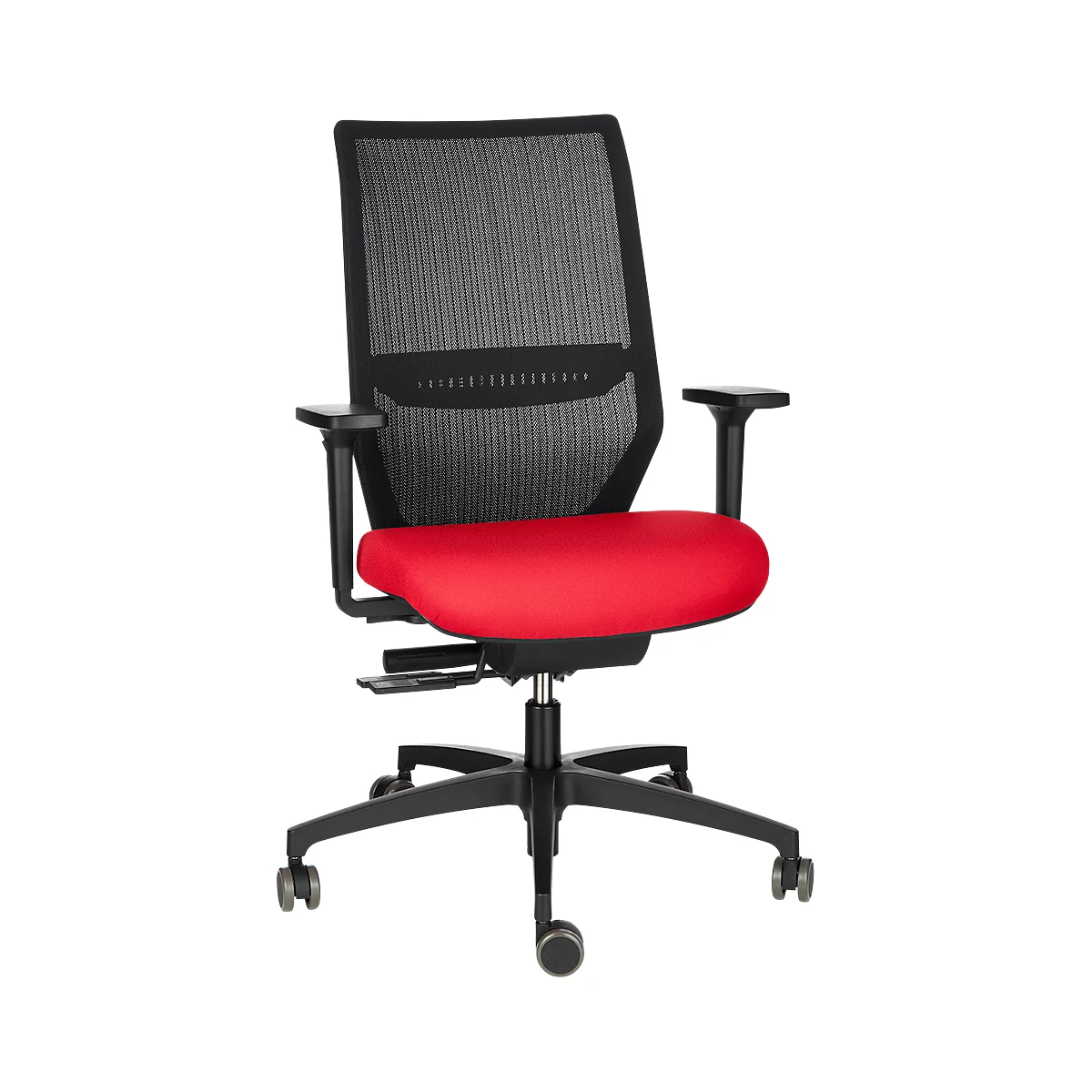 Office chair with a red seat, black mesh back, and armrests. On wheels.
