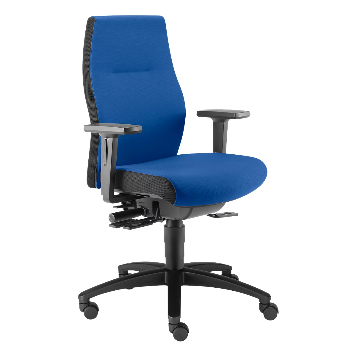 Blue office chair with black frame and armrests. The chair stands against a neutral background.