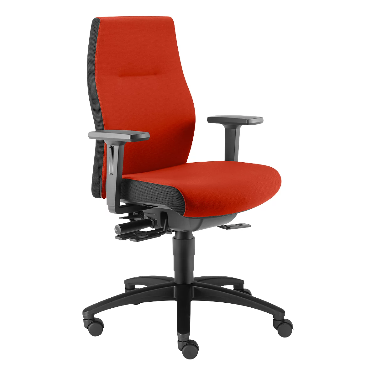 Office chair with red fabric upholstery and black details, armrests and base.