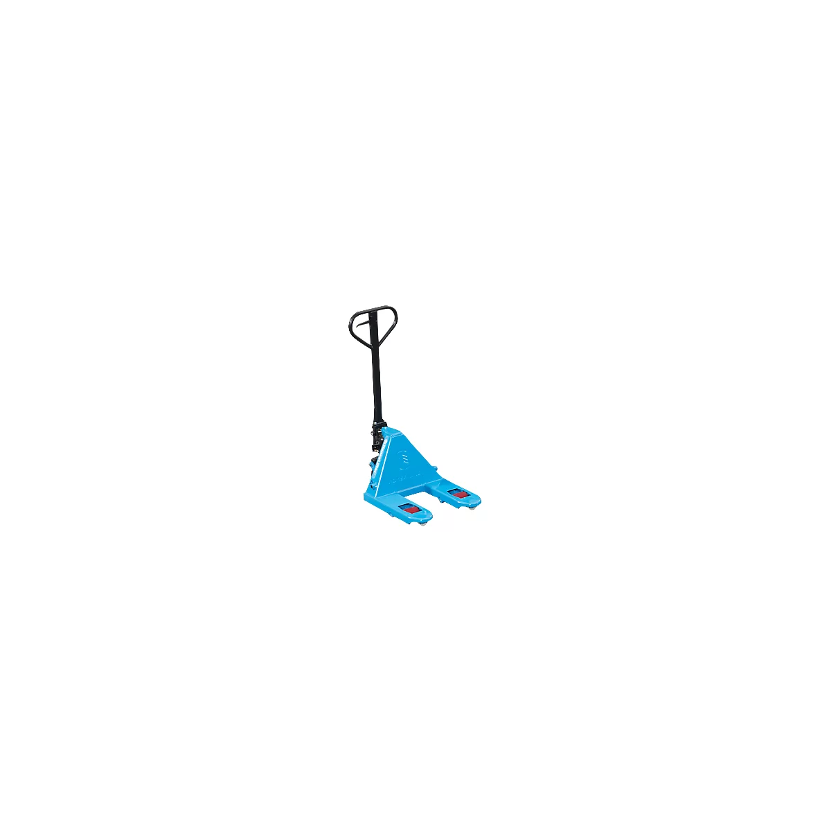 Blue pallet truck with black handle. Red accents.