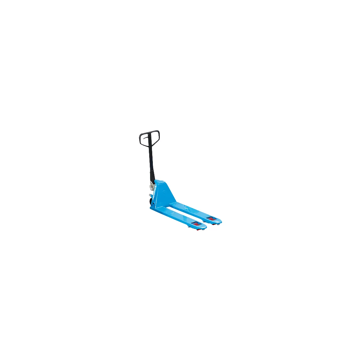 Blue pallet jack against a white background.