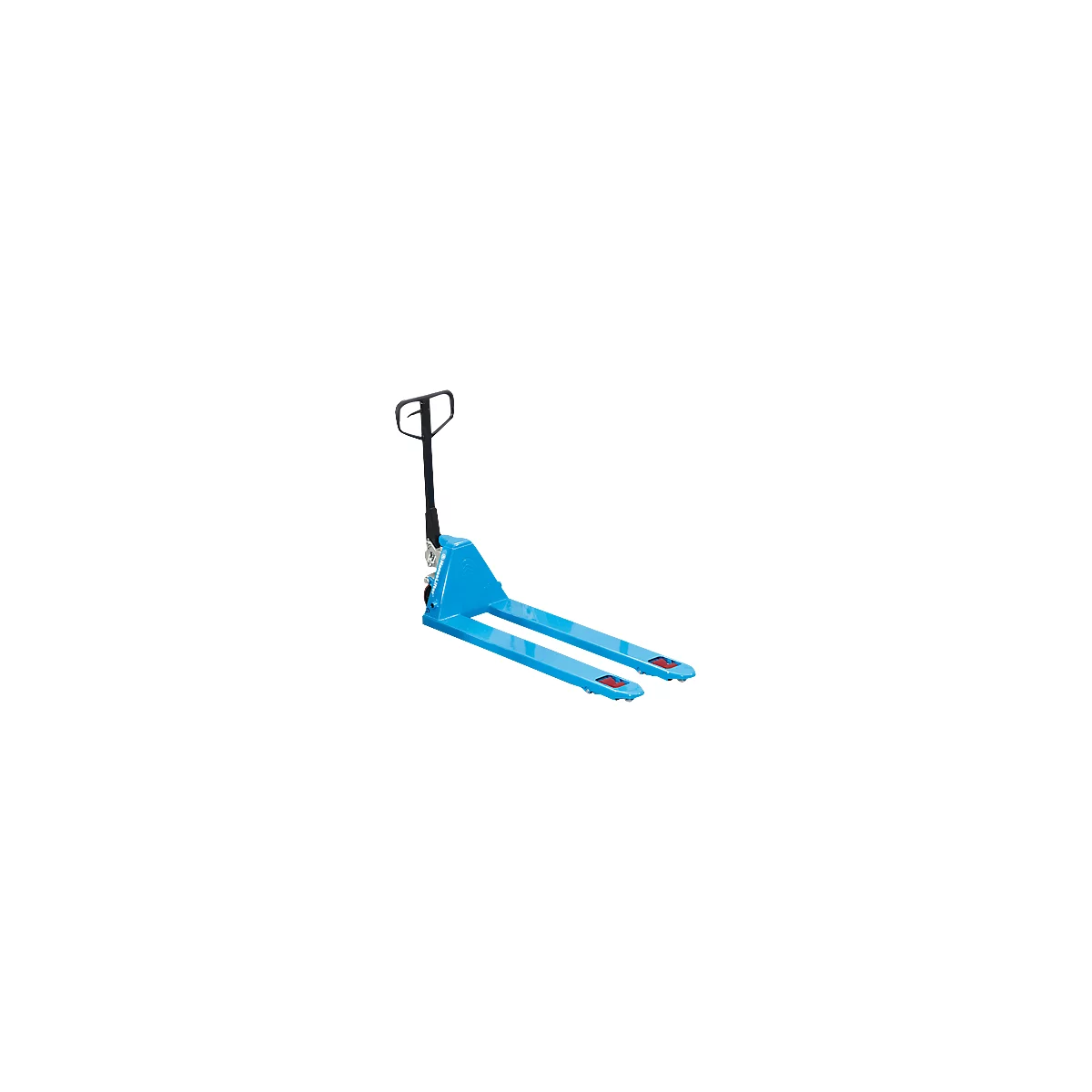 Blue pallet jack against a white background.