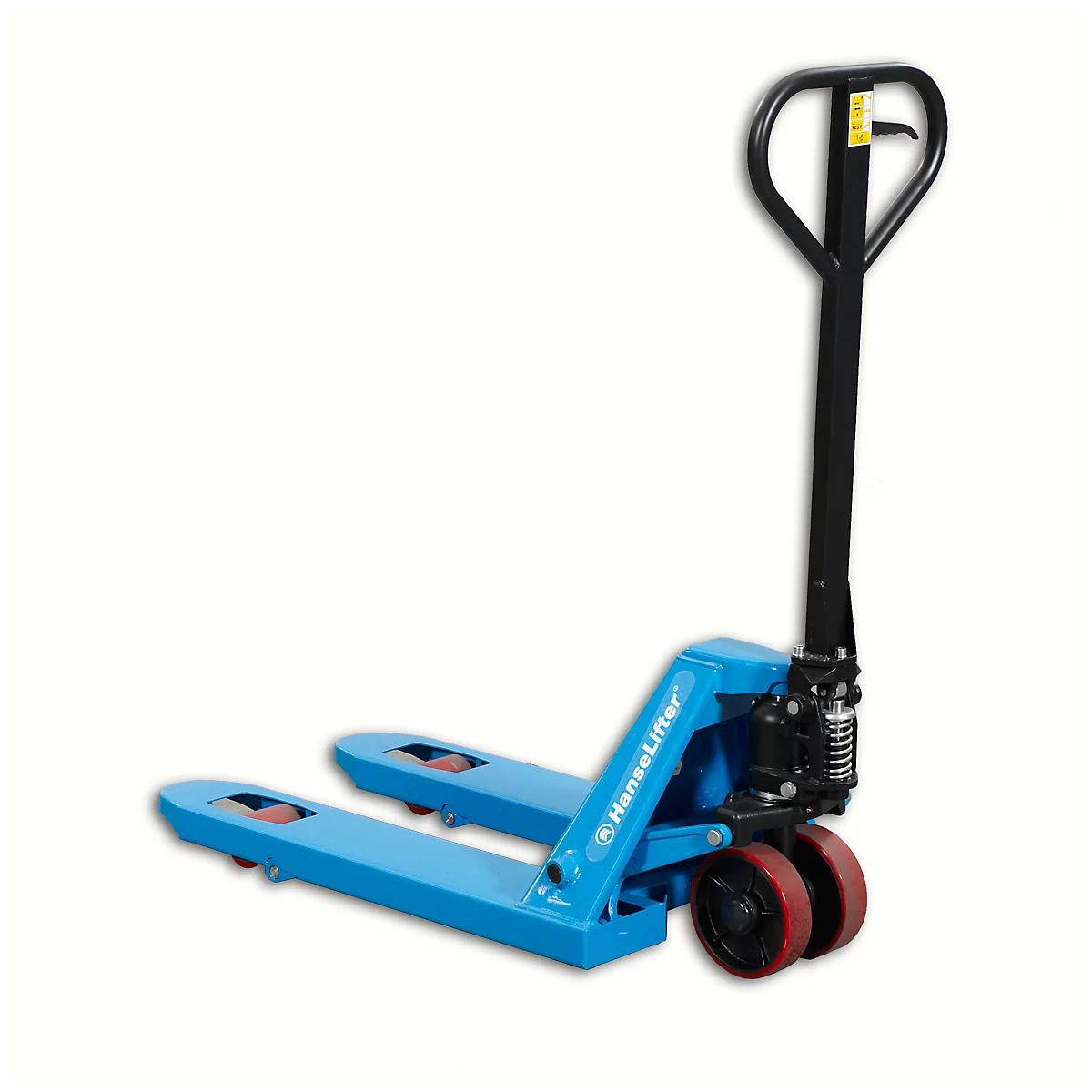 Blue pallet truck, black handle, red wheels. Inscription: HanseLifter.