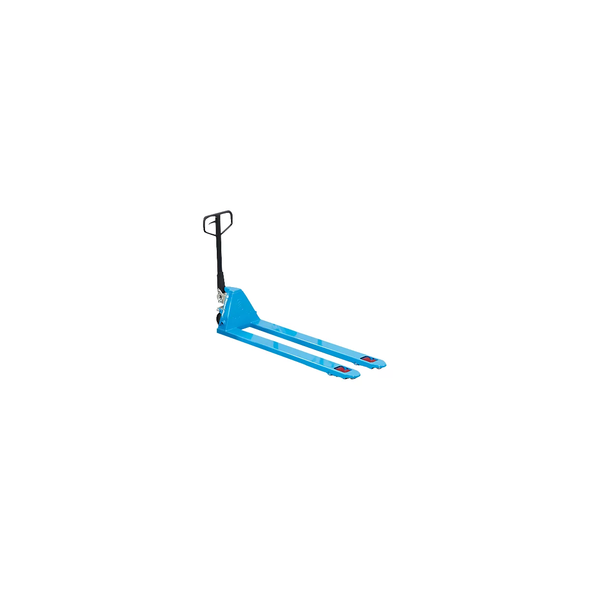 Blue pallet truck with handle up, on white background.