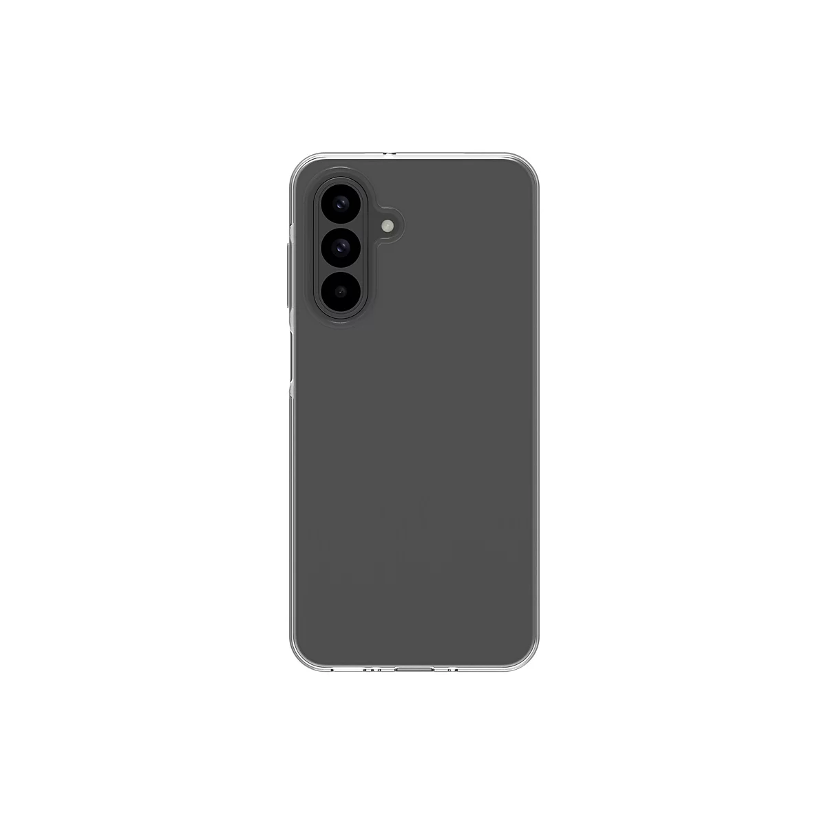 Un smartphone gris dans une coque transparente, vue arrière. Triple caméra en haut à gauche.
