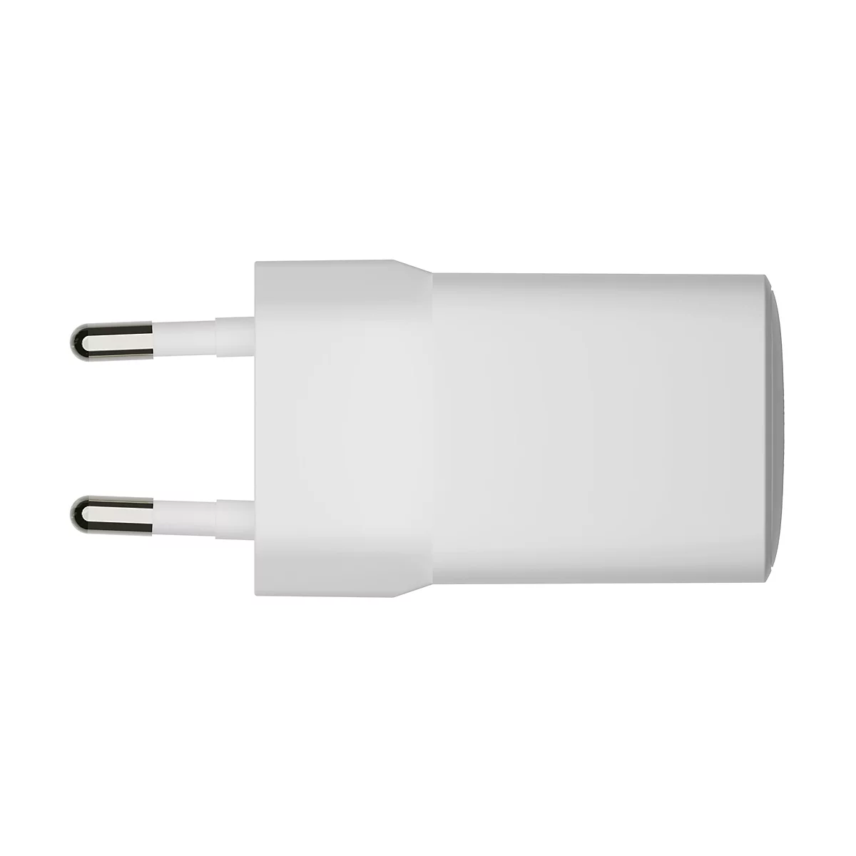 Un adaptateur secteur blanc, vue de dessus. Deux broches métalliques dépassent du boîtier.