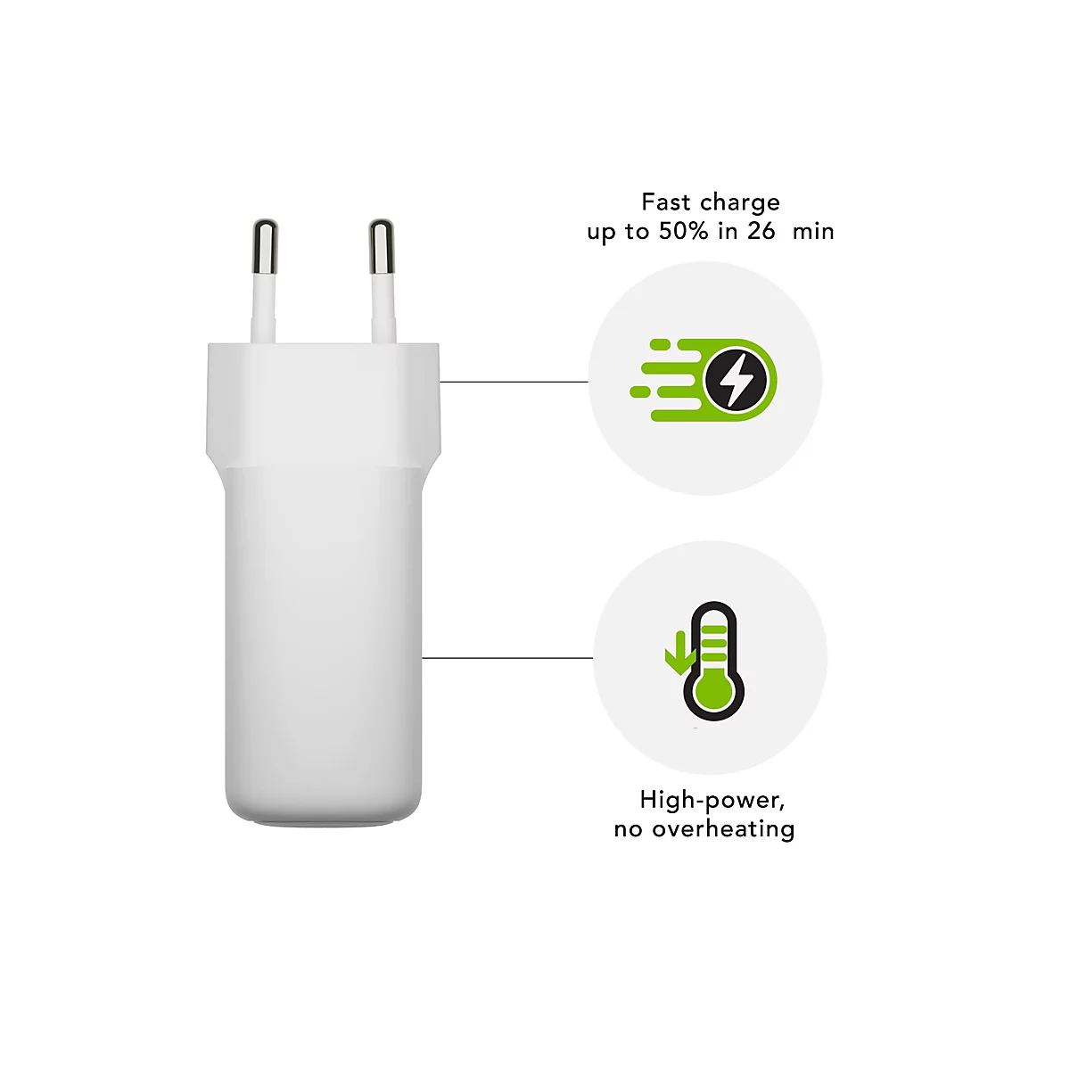 Chargeur blanc avec deux broches. En haut, il est écrit : Charge rapide jusqu'à 50% en 26 min. En dessous, des symboles pour la puissance et la température.