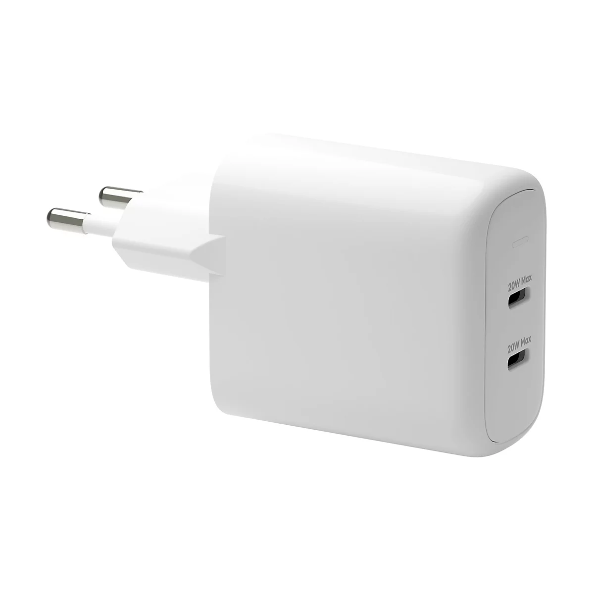 Un chargeur blanc avec prise UE et deux ports USB. "20W Max" est écrit sur le devant.