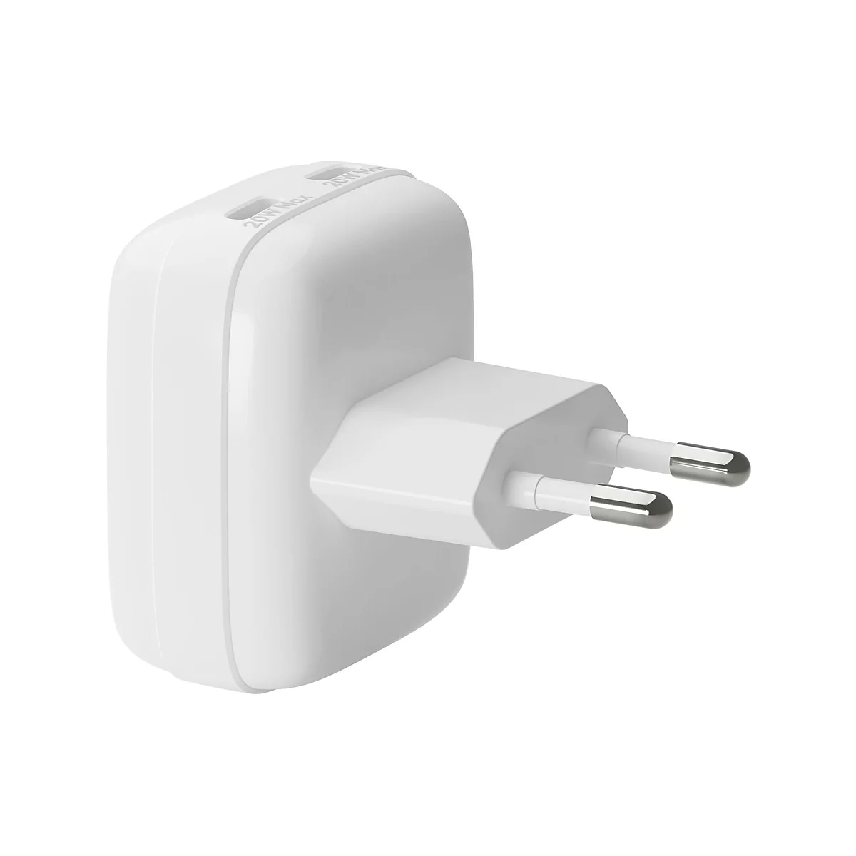 Un chargeur blanc avec prise européenne, inscription 20W Max.