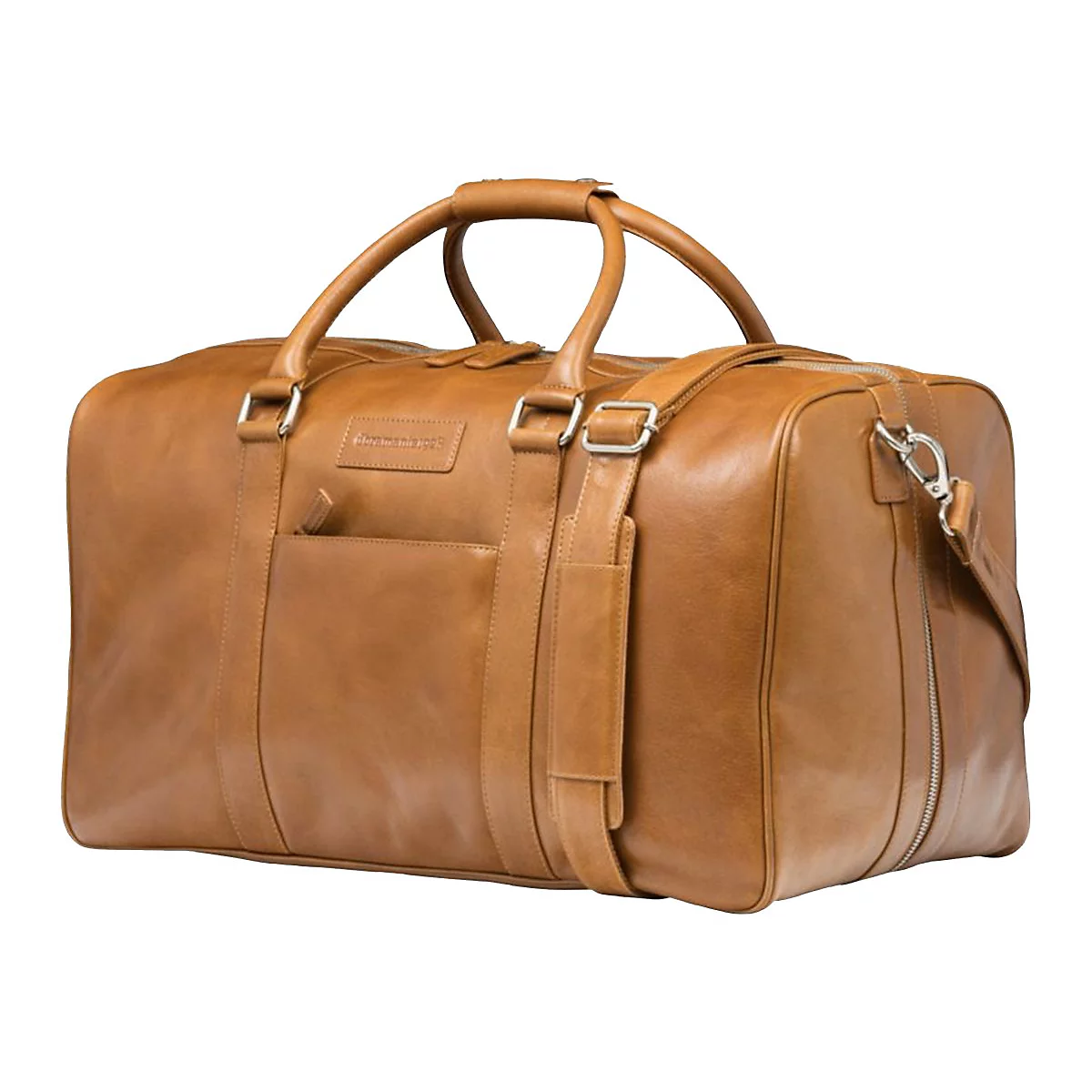 Hellbraune Leder Reisetasche mit Tragegriffen und Schulterriemen. Reißverschluss, silberfarbene Details, rechteckige Form.