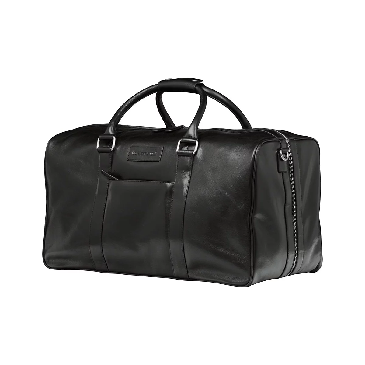 Schwarze Leder-Reisetasche mit Tragegriffen und Reißverschluss.